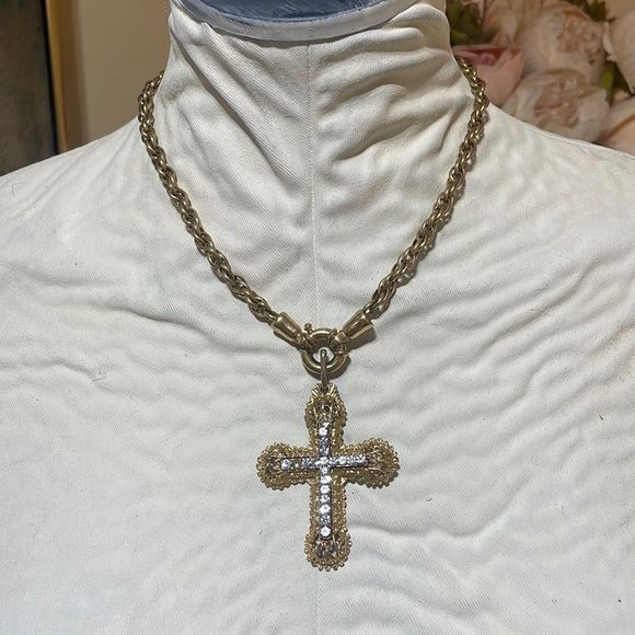 Vintage XL sping ring necklace 14 “ added Large Cross crystal encrusted Cross - Picture 1 of 9